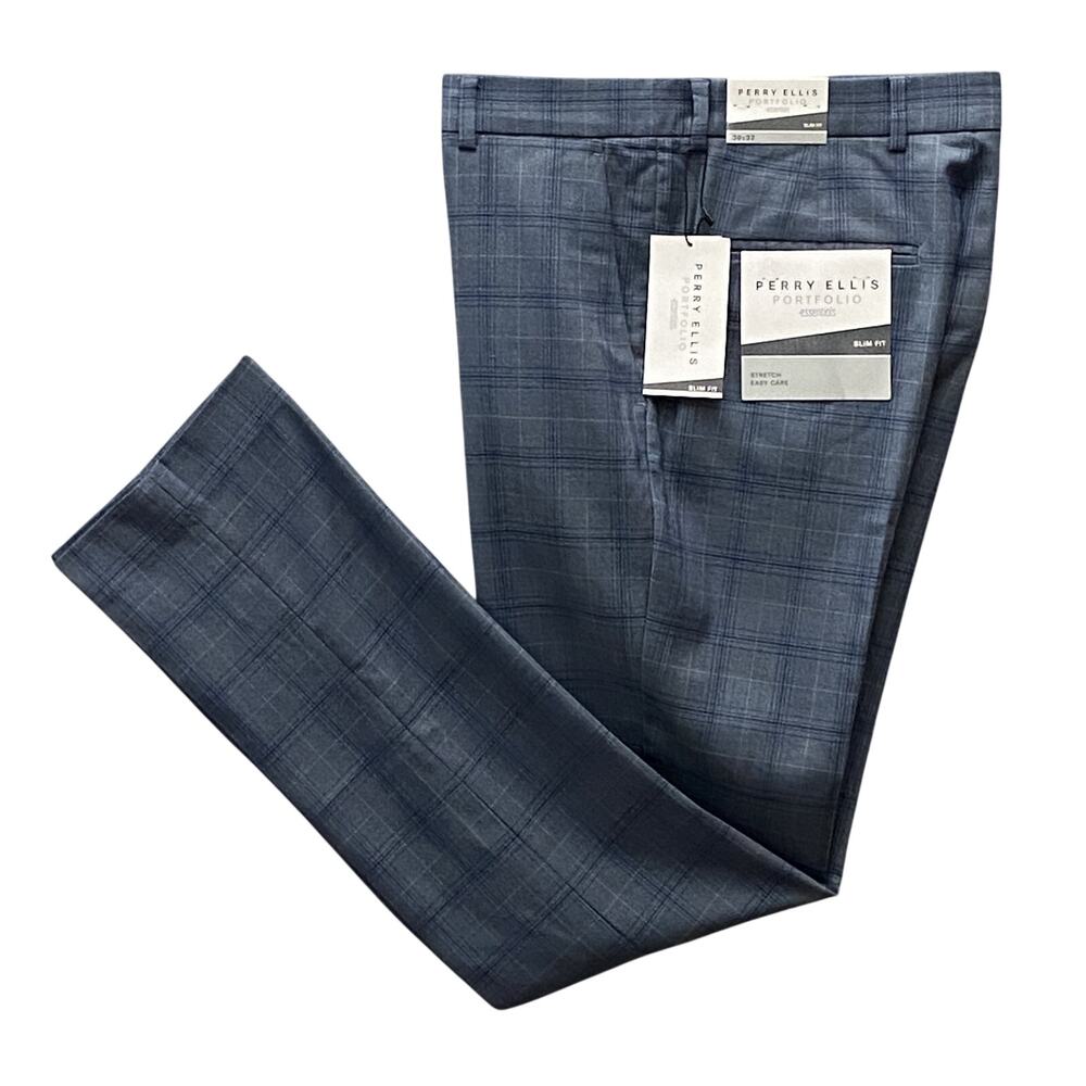 Perry Ellis Portfolio Pants Men's 30x32 Slim Fit Flat Front Blue Check NWT